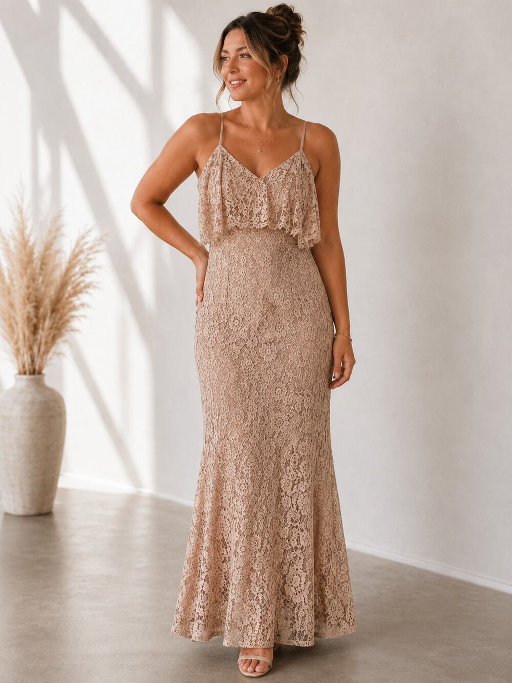 Lulus Peach Lace Maxi Dress Womens XS Formal Prom Bridesmaid Strappy High Slit